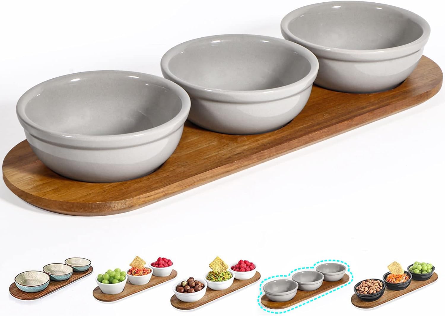  | Artena 12 oz Solid Ceramic Chip and Dip Serving Set with Acacia Wooden Tray, 5-inch White Dipping Bowls, Small Serving Bowls for Side Dishes, Salsa, Appetizer, Serving Dishes for Entertaining: Chip & Dip Sets
