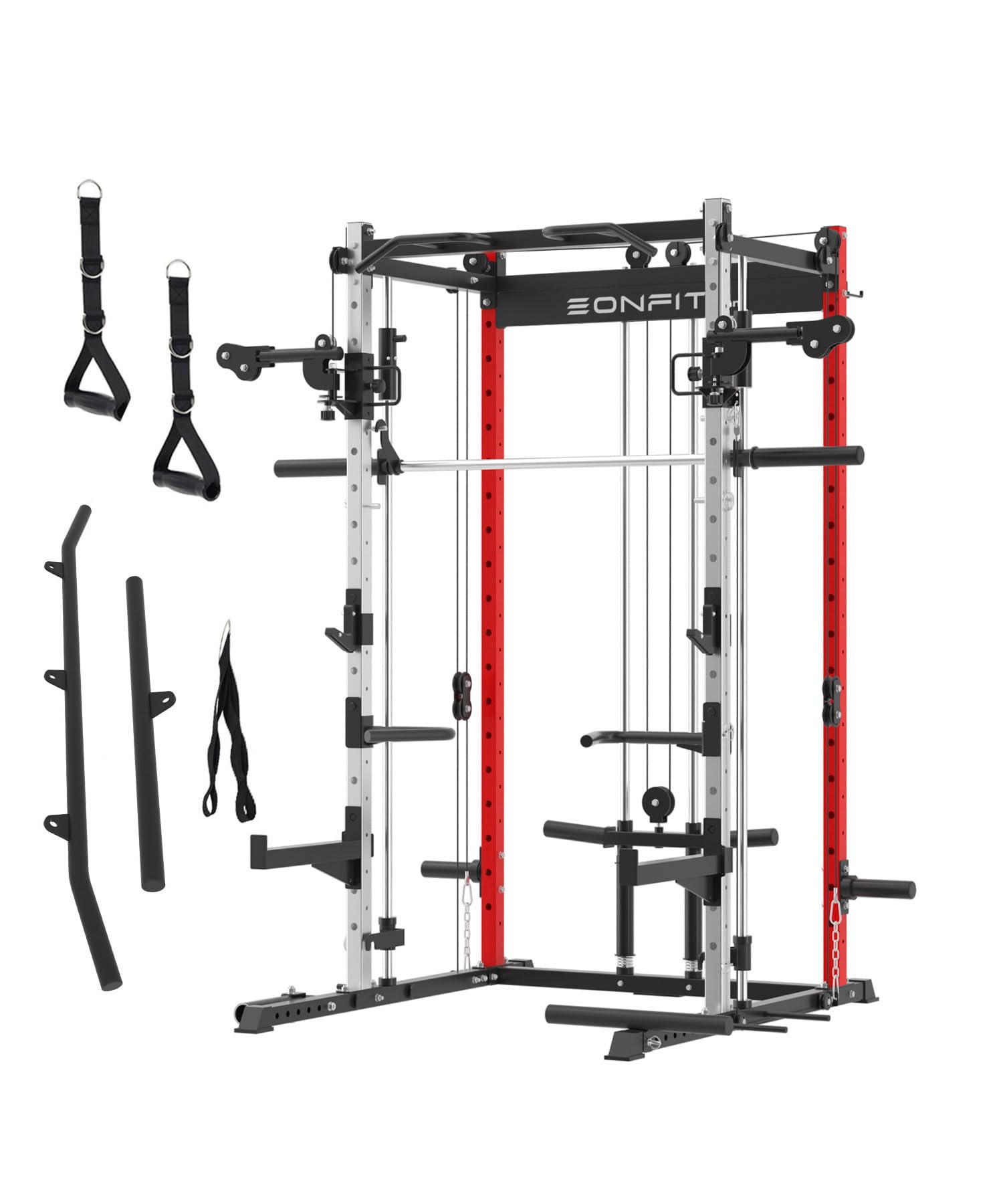 Smith Machine for Home Gym, Multi-Function Squat Rack Power Cage with Cable Crossover LAT Pulldown Pulley System All in One