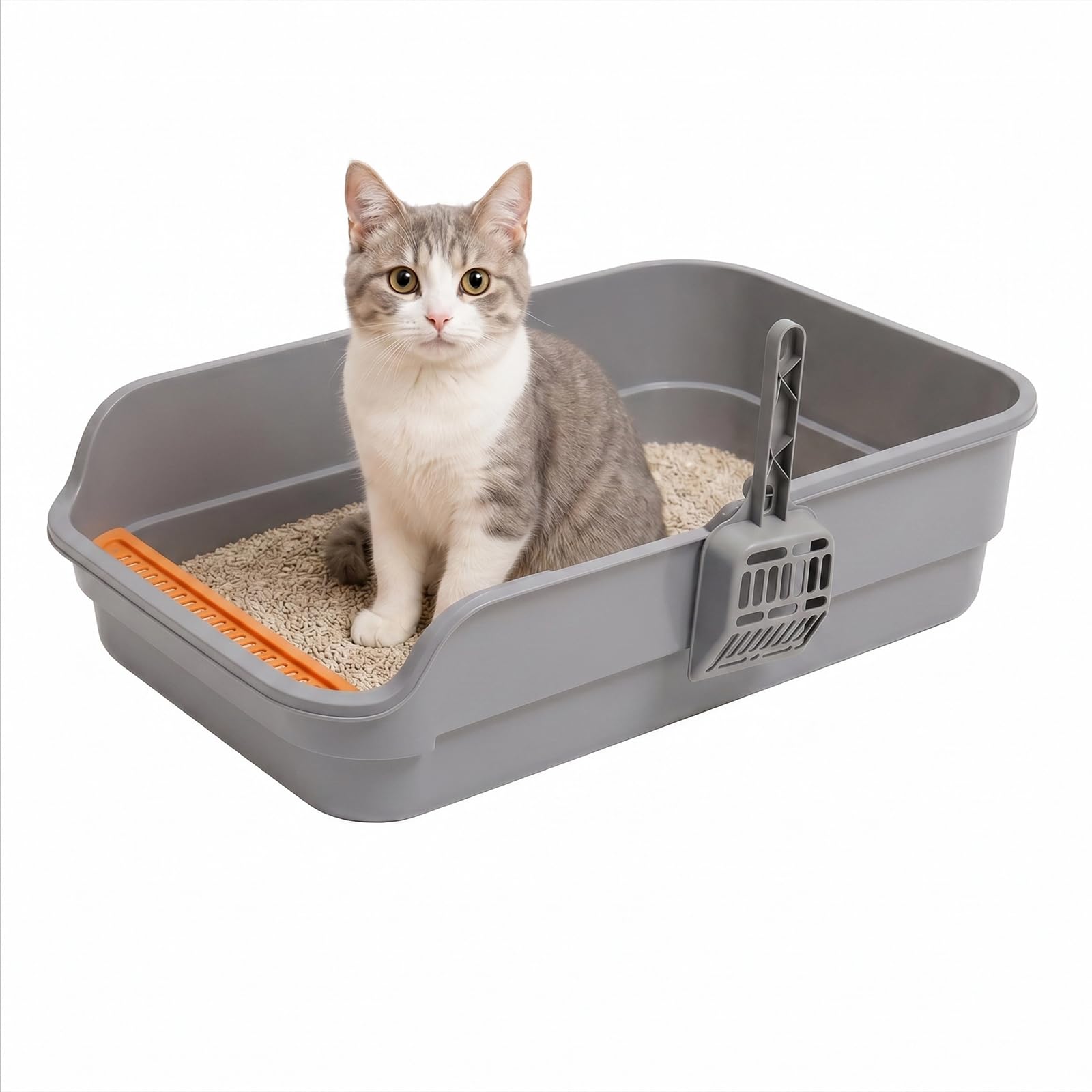 Skylos Cat Litter Tray Spacious High Sided Low Entry Open Pan for Cats Grey