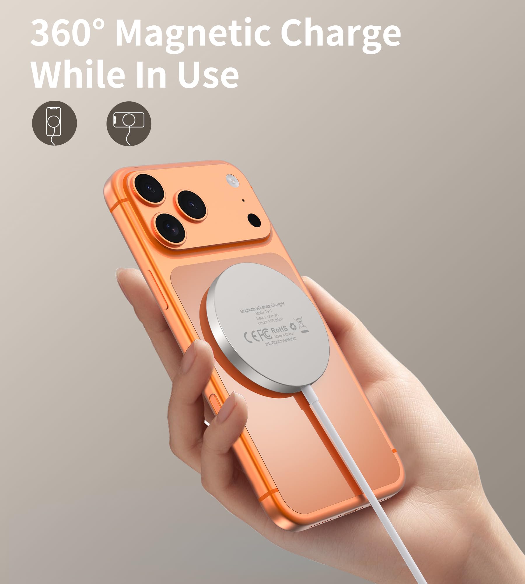 RoRoSkin Chargeur Mag Safe pour iPhone, 15W Chargeur sans Fil inductif pour iPhone 17e 17 16 15 14 13 12 Pro Max/Air/Plus/Pro, Magnétique Rapide sans Fil, avec Adaptateur USB-C 20 W Beige