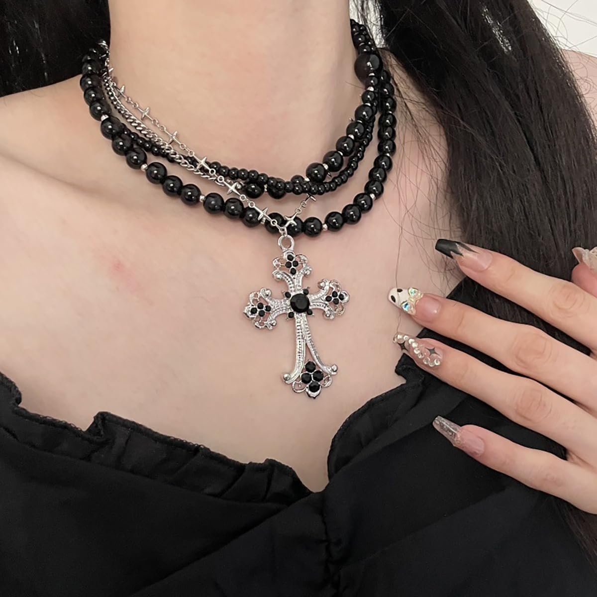 Gothic Multi Layered Beads Choker Necklace Punk Cross Rivet Pendant Necklace Black Beaded Necklac Dark Vampire Halloween Jewelry Accessories for Women - Image 3