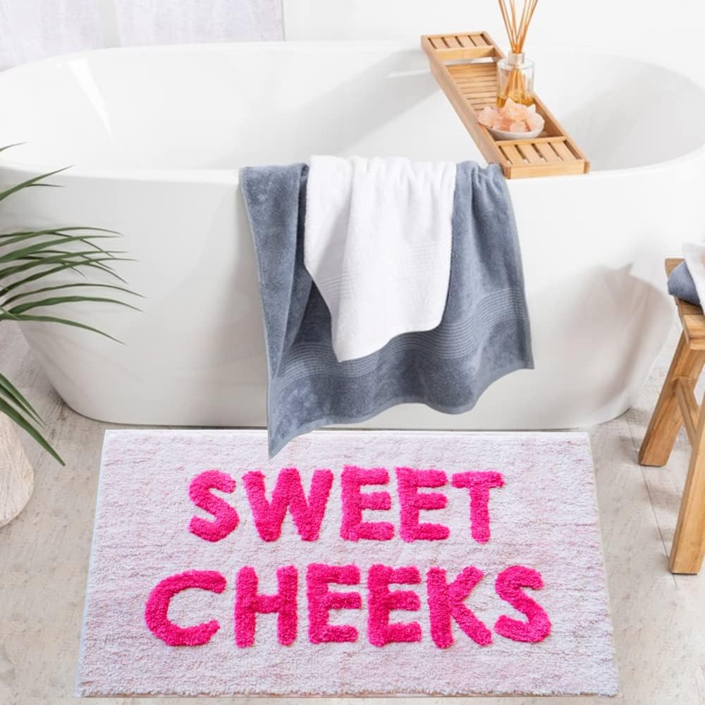 Sweet Cheeks Bath Mat Hot Pink Blush Cute Bathroom Rugs for Girls Hello Gorgeous Peach Coral Beautiful Funny Shower Fun Bathroom Decor Non-Slip Washable Kids Women
