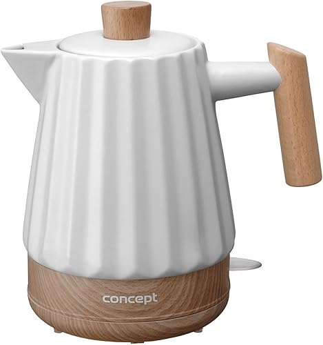 Concept Birdy RK0090 Ceramic Kettle 1.5 L - Stylish Kettle in White with Wooden Details, 1500 W, Strix Technology, Triple Safety, Energy-saving,