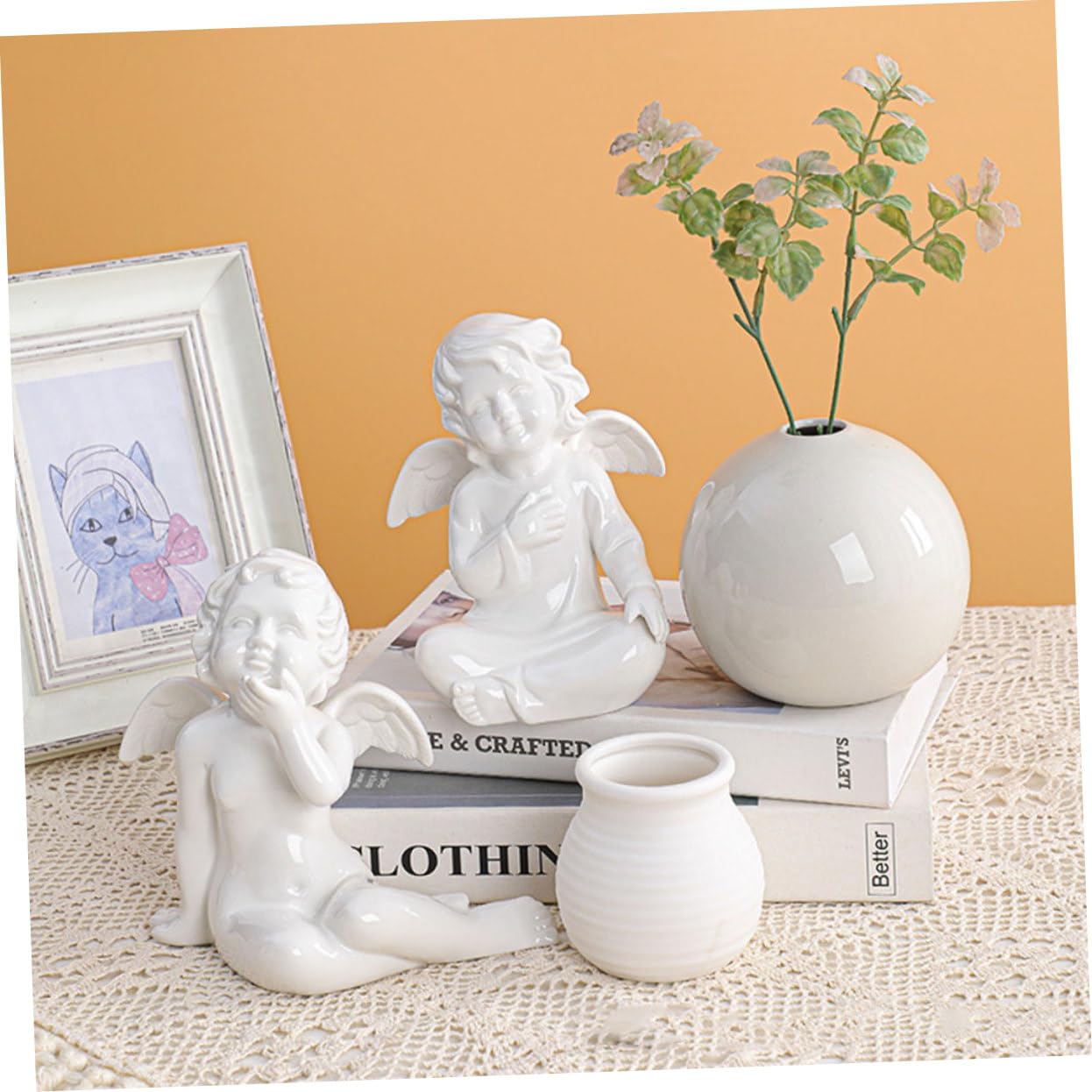 Keramik Engel Skulptur Für Wohn Gartendekoration Handliche Tischdeko Mit Flachem Boden Robustes Material Als Geschenk Zur Hauseinweihung Und Hochzeitsfeier