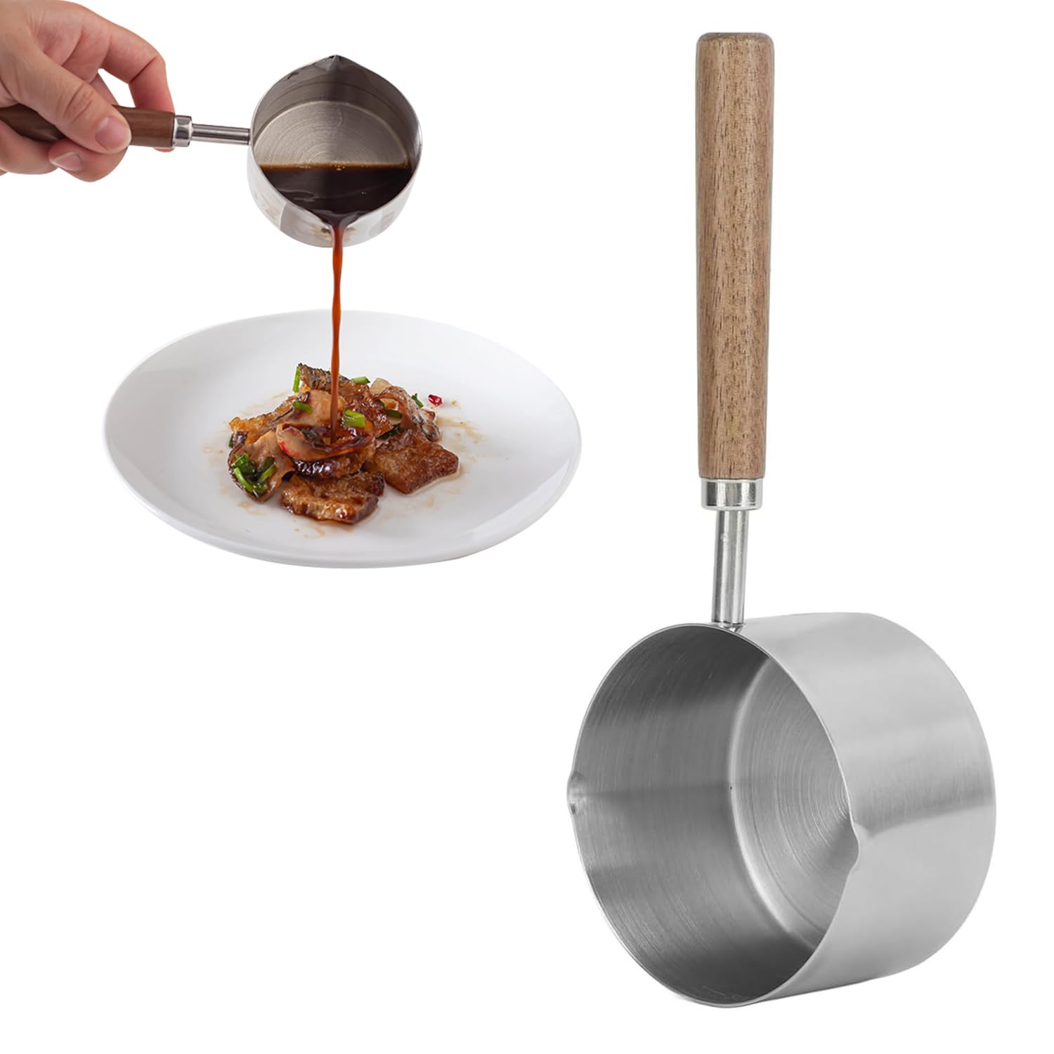 Tissting Pentola per Latte Induzione 200ml Acciaio Inossidabile 304 Pentola Scaldaburro Burro con Manico in Legno, Scaldalatte Diametro, Piccolo caffè Riscaldante Pentolino per Piani di Cottura a Gas