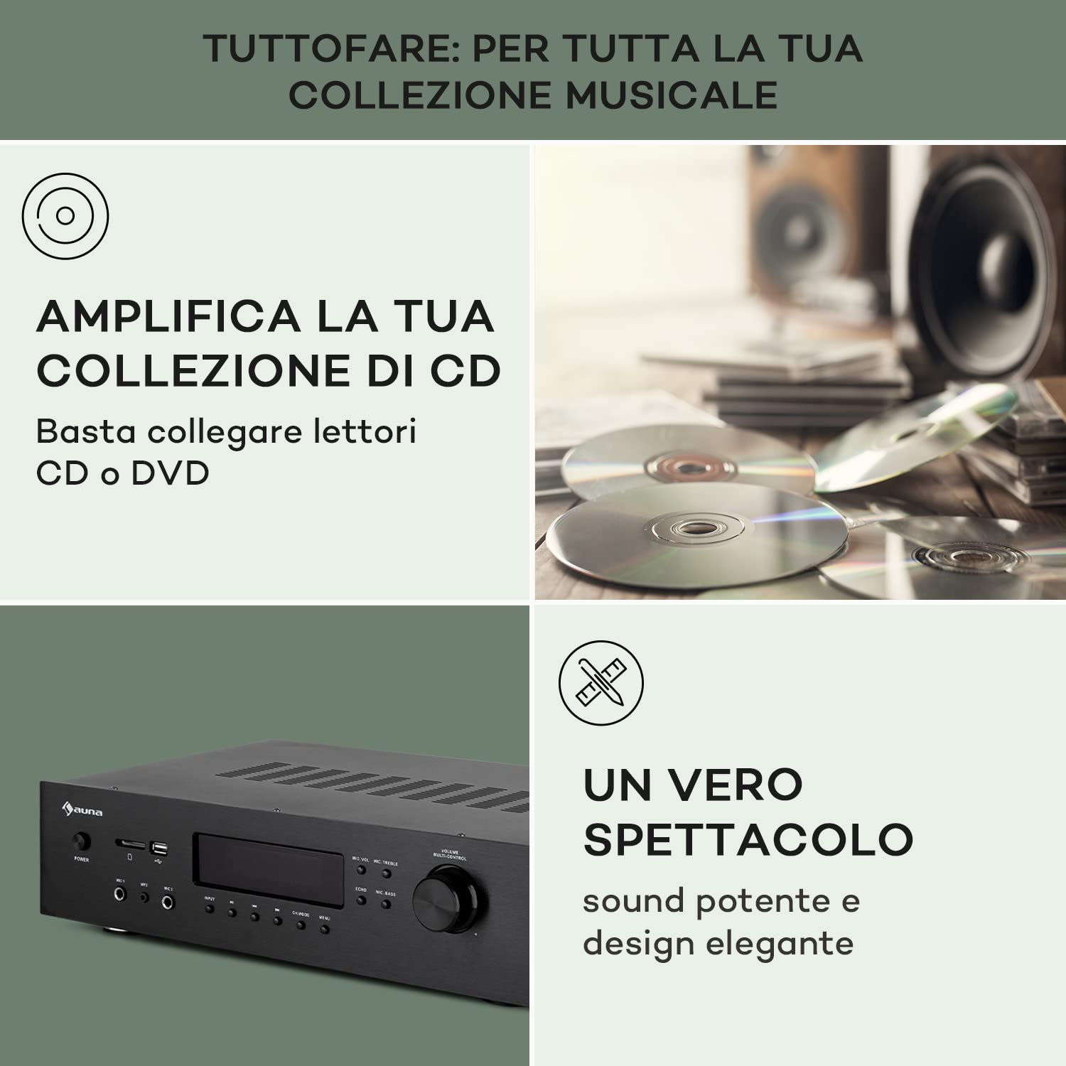 AUNA AMP-H260 5.1 - Amplificatore Receiver Equalizzatore, 2x100 Watt + 3x20 Watt RMS, Bluetooth, Porta USB, Slot SD, Digital-In Ottico & Coassiale, 2 x HDMI-In/1 x HDMI-Out, Nero