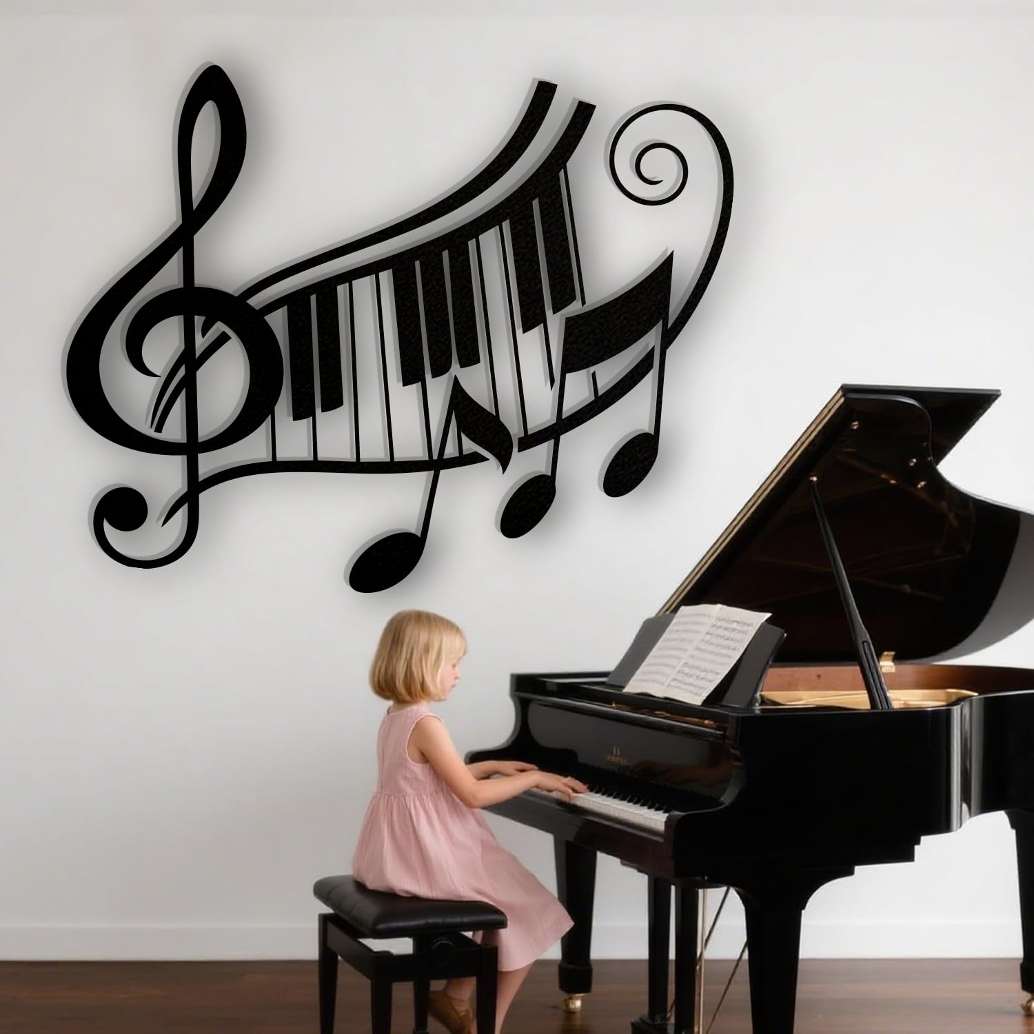 Décoration murale en métal notes de musique et piano noir 70x58 cm