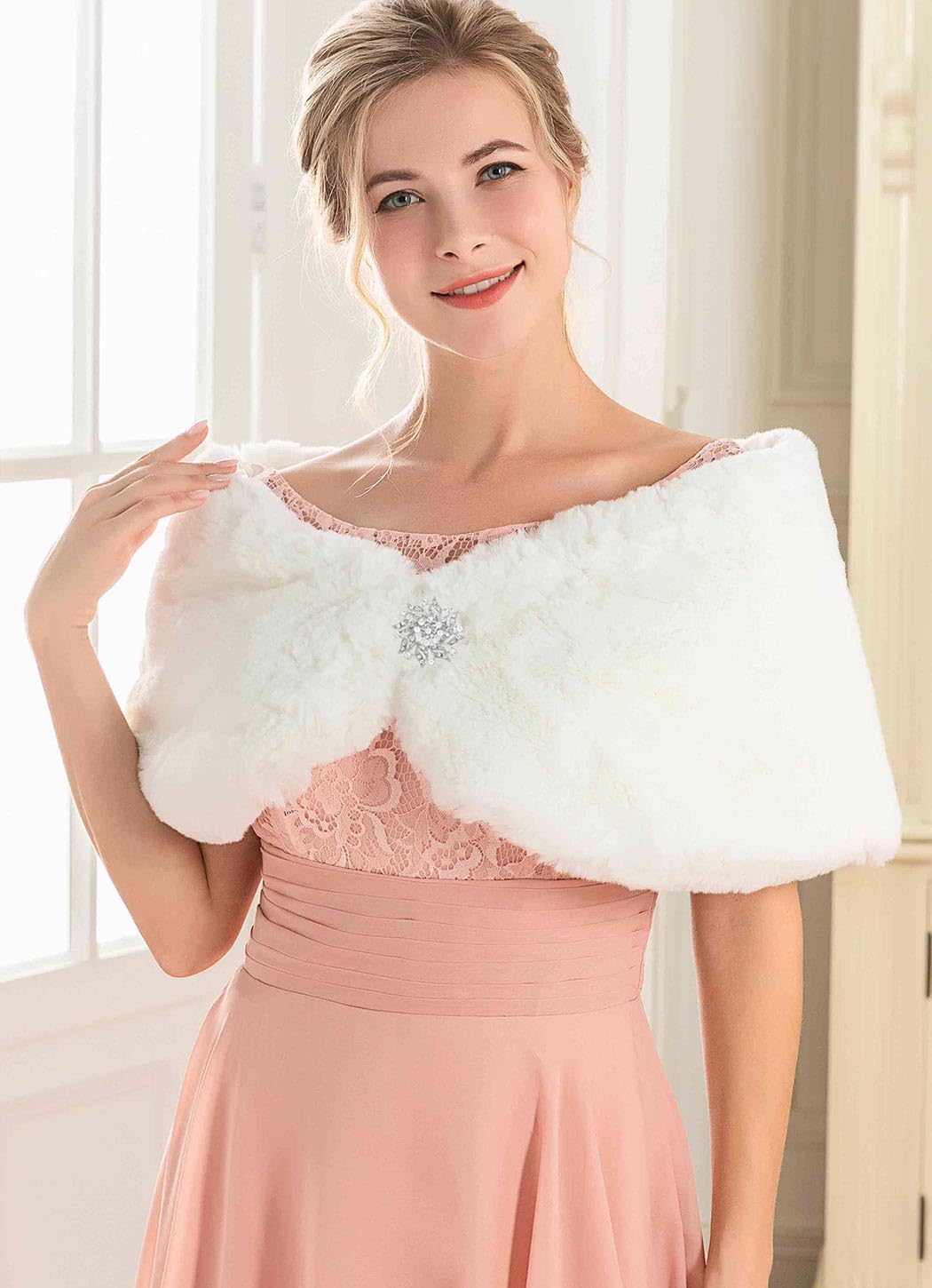 TWINKLEDE White Faux Fur Shawl Stole Scarfs Wedding Winter Fur Shawls and Wraps for Bridal (US, 2-12) - Image 4