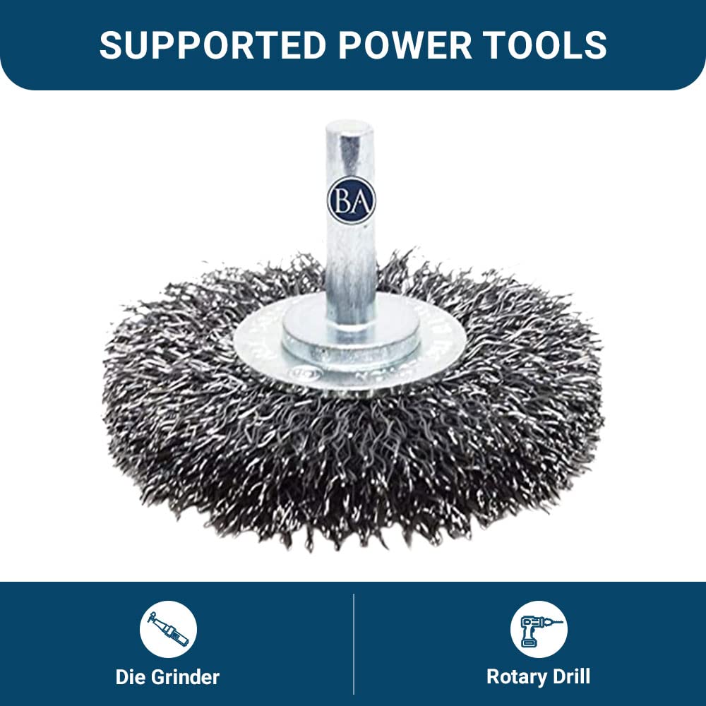 Benchmark Abrasives 3 Inch Grinder Mounted Crimped Wire Wheel for Drill with 1/4" Shank, Steel Brush for Rust Removal, Cleaning, Deburring on Cast Iron Holes Derusting Rotary Tools - Carbon Steel