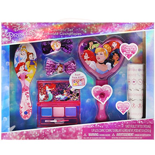 TownleyGirl Disney Princess Hair and Makeup Set w/ 1 Lights up Mirror, 1 Sheet Jewelry Tattoo, 1 Lip Gloss Compact, 1 Hair Brush, 2 Hair Glitter Bows