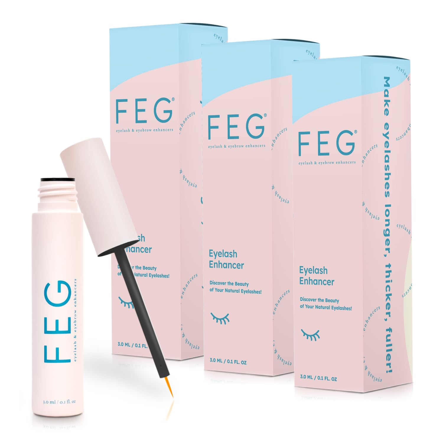 FEG Eyelash Enhancer Rapid Eyelash Growth Serum with Natural Ingredients | Lash Serum for Growing Naturally Thick, Full, and Long Eyelashes | Stimulates Natural Eyelash Growth | 3-Pack of 3ml Tubes