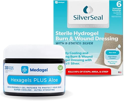 Hexagels Plus Aloe Vera Almohadillas de hidrogel sin parabenos y SilverSeal Apósito para quemaduras y heridas, almohadillas de hidrogel