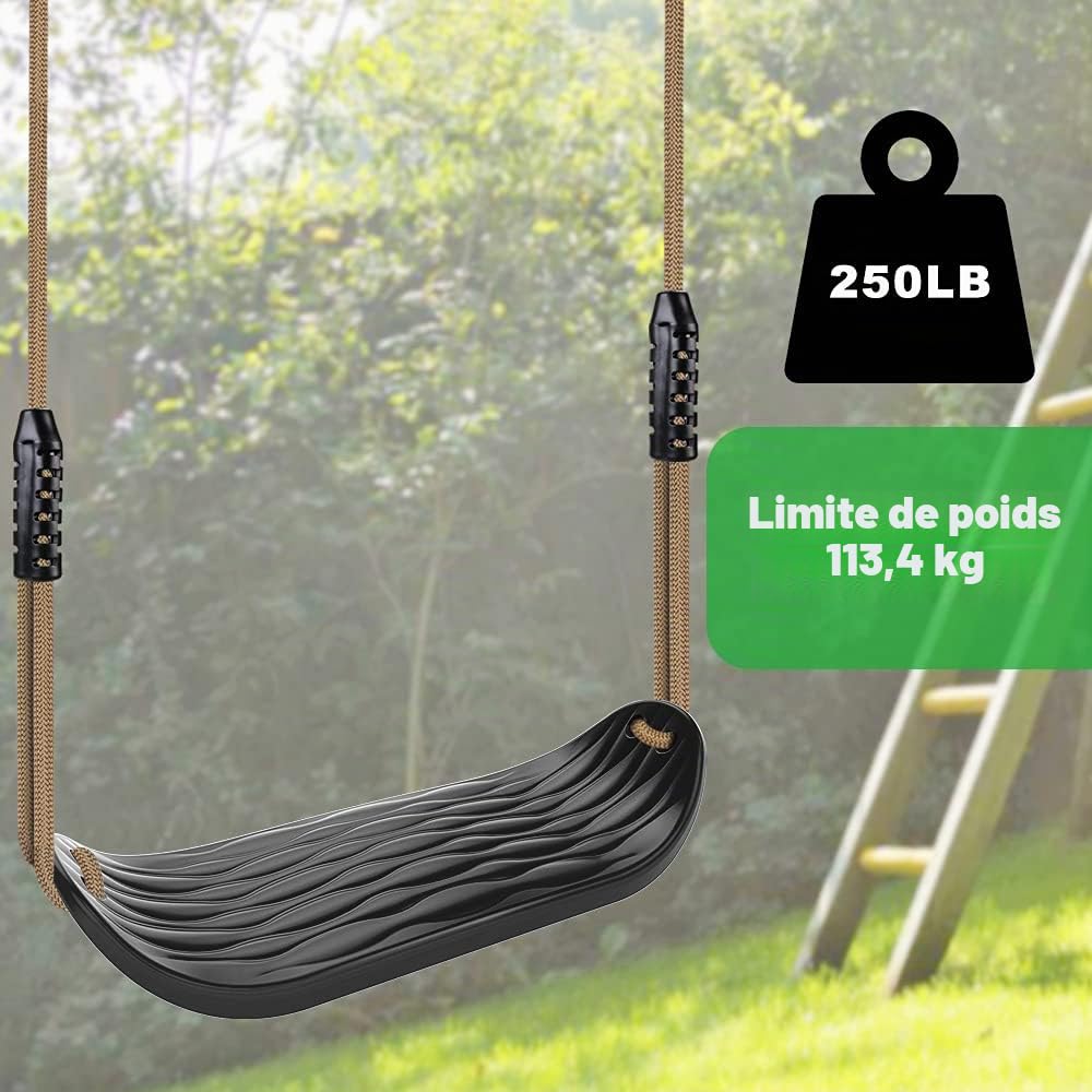 SELEWARE Siège de Balançoire en Plastique, Balançoire Antidérapante avec cCorde Réglable et 2 Mousquetons, Accessoire pour Balançoire d'aire de Jeux pour Enfants, Noir