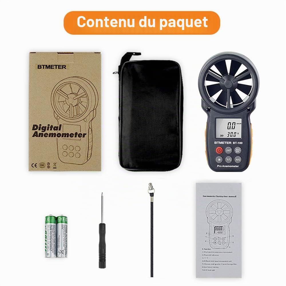 BTMETER Anémomètre numérique portatif BT-100, jauge de vitesse du vent, mesure avec précision la vitesse du vent et la température pour CFM, avec MAX/MIN/AVG, rétroéclairage LCD, CVC