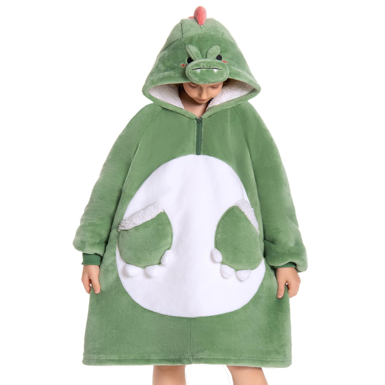OLAOLA Dinosaur Wearable Blanket Hoodie for Kids - Oversized Animal Hooded Blanket - Soft Warm Cozy Sherpa Fleece Sweatshirt with Pockets & Sleeves for Girls Boys