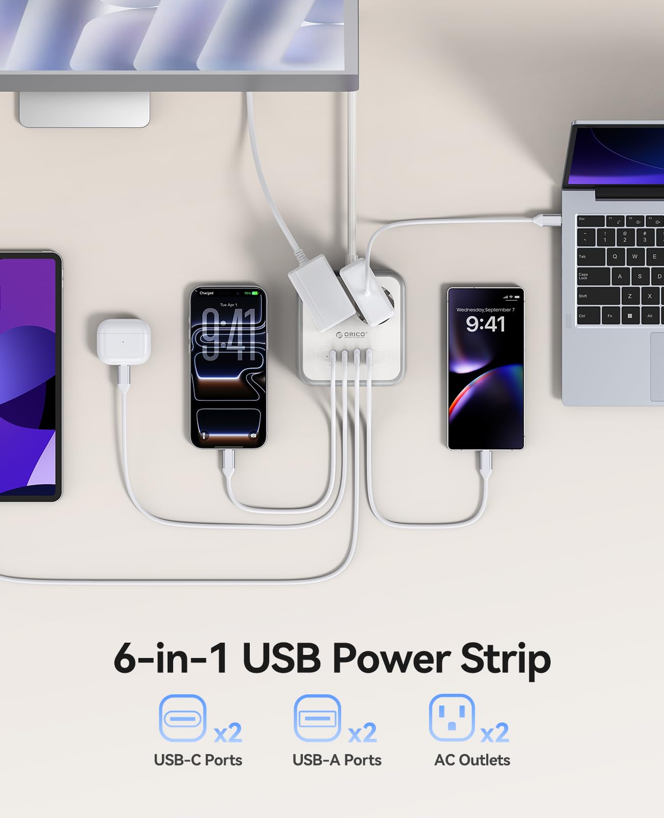 ORICO Regleta Enchufes USB C 20W PD, 2 Tomas AC y 4 USB, 1,5m, Blanco | Puertos 2xUSB-C y 2xUSB-A; base antideslizante 2500W; ideal para escritorio, teletrabajo y hogar organizado