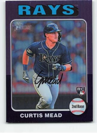 2024 Topps Heritage Baseball Hot Box Purple Chrome Refractor #176 Curtis Mead RC Rookie Tampa Bay Rays Official MLB Trading Card Stock Photo shown, Card in Near Mint to Mint Condition