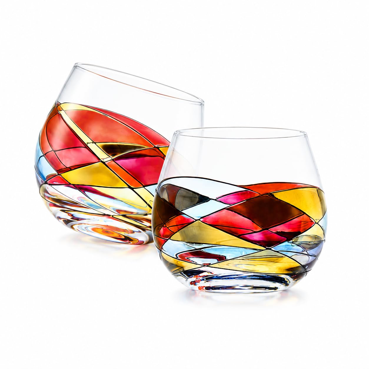 Victoria Barcelona Stemless Wine Glasses Set of 2, 21 oz Hand-Painted Stained Glass Inspired Glassware, Barcelona/Gaudi Style Gift for Wine Lovers, Sagrada Red (Sagrada Red, Ballon Set 2)