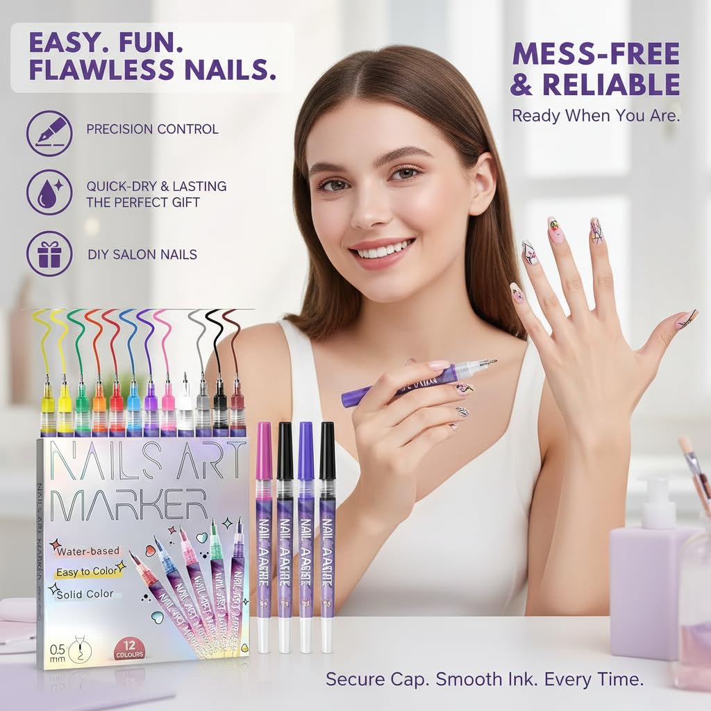 2026 New 12 Colors Nail Art Pens Set, 0.5mm Fine Tip Polish Markers for Drawing - Quick Dry Waterproof DIY Nail Art Kit for Beginners, Gel & Acrylic Nails, Home Salon Manicure Tools (2 Set)