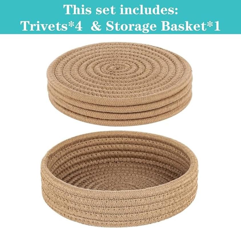 Image of Mansa for Hot Dishes, Pots and Pans, Hot Pads with Storage Basket, Pot Holders for Kitchen, Heat Resistant Mat Protect Counter Home Essentials, Farmhouse Decor (Pack of 4 with Cover) Beige