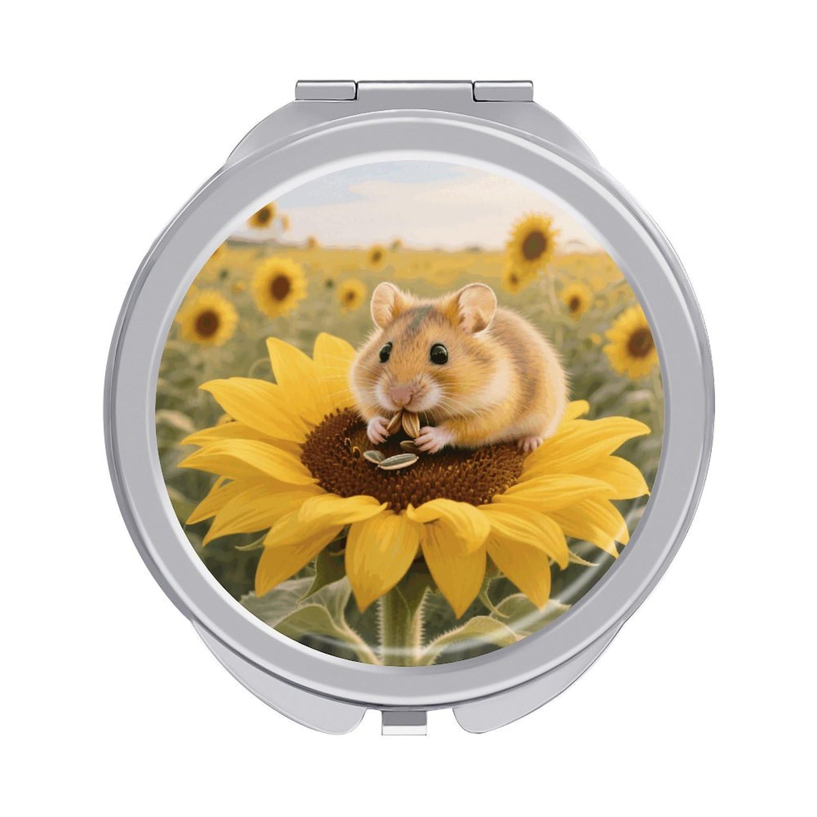 FodPand Compact Hand Mirror with 1x/2x Magnifying Round Travel Makeup Mirror Mini Foldable Sunflower Hamster Cosmetic Mirrors Travel Essentials Gift for Women Girl Portable for Pocket Purse -Silver