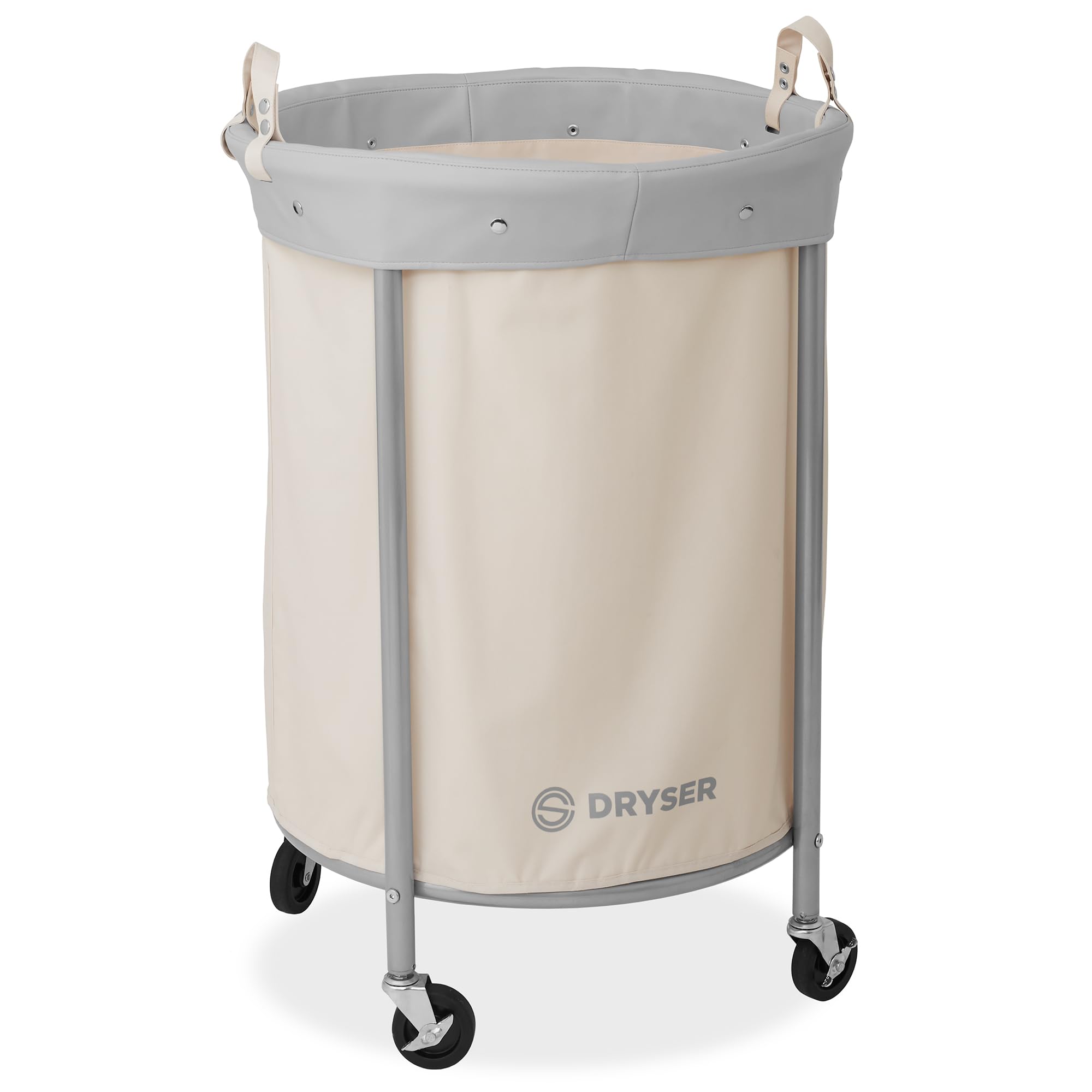 Dryser Laundry Basket with Wheels, 65 Gal. Commercial Round Rolling Laundry Hamper with Steel Cart, 4 Casters and 2 Brakes, Removable Liner - White