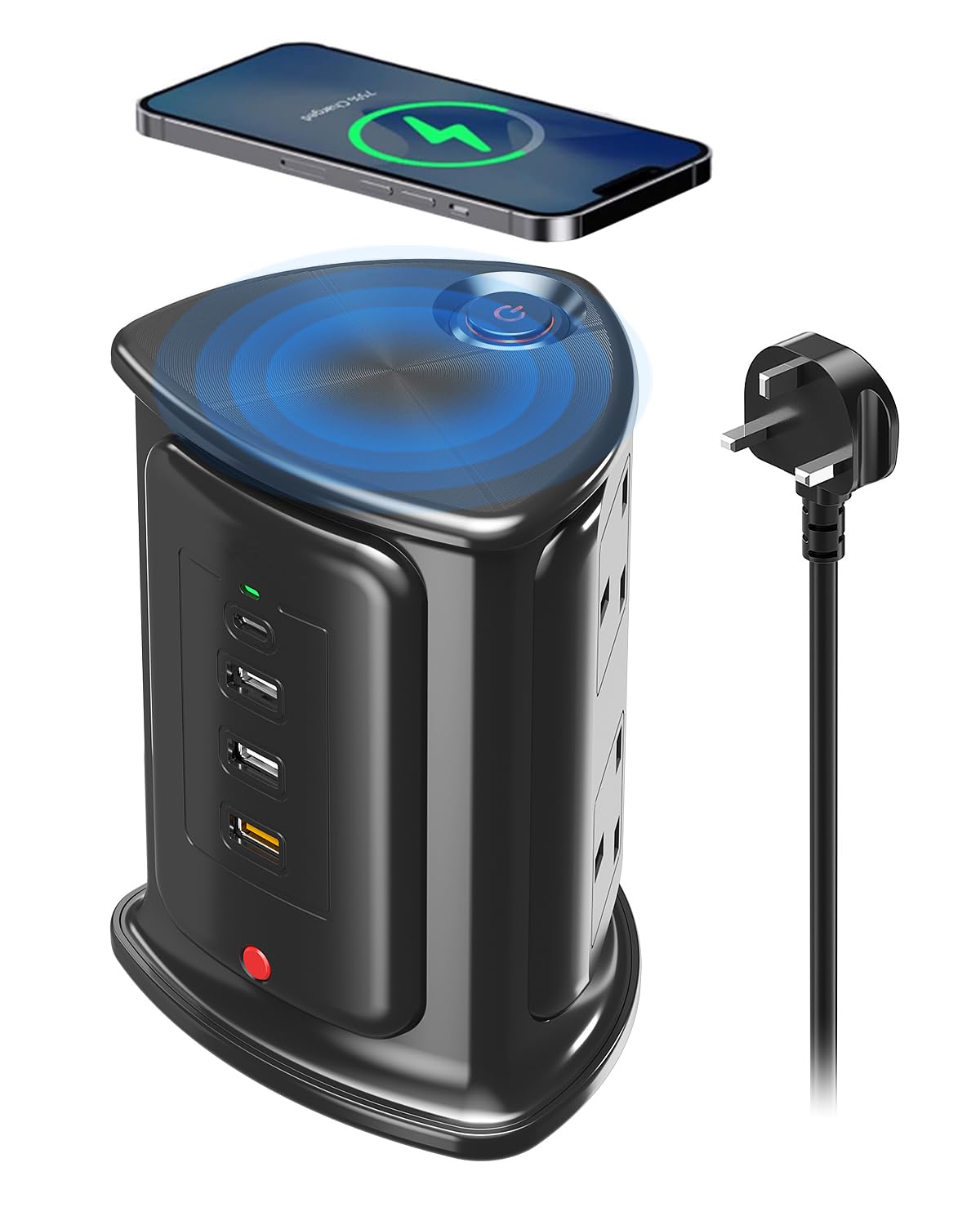 MATCHEASY Extension Lead Tower with 10W Wireless Charger 4 AC Outlets with 1 Type C PD 18W & 3 USB A (5V/3.1A) Charging Station 2M 1050J Power Strip Surge Protector for Home, Office, Dorm Accessories