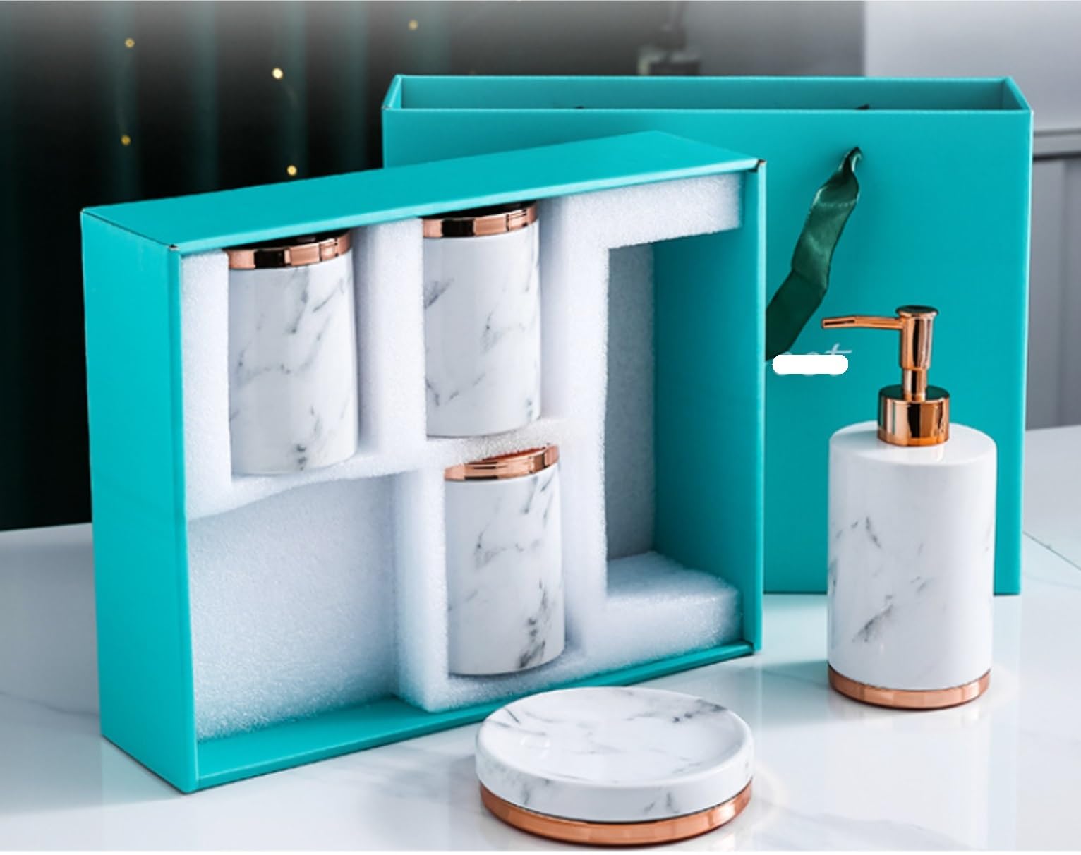 Set Dispensador Jabón Juego De 5 Paquetes Organizador Baño Cerámica con Dispensador Jabón, Soporte para Cepillo Dientes, Vaso Y Jabonera Baño
