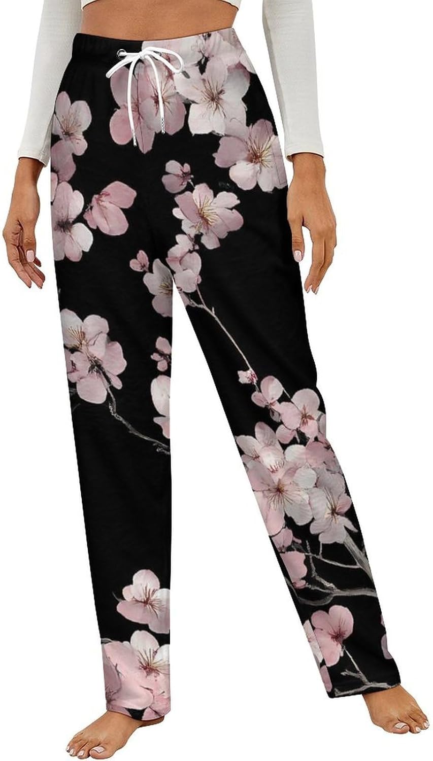 Cherry Flowers Blossoming Women's Pajama Bottoms Flannel Sleepwear Pants Elastic Waist Loose Lounge Trousers