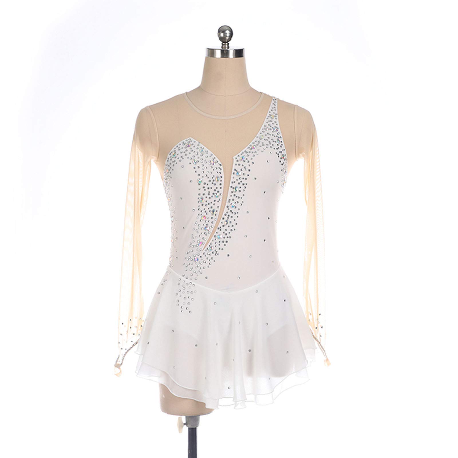 Robe De Patinage Artistique Concours Personnalisé Jupe De Patinage sur Glace pour Fille Femmes Enfants Gymnastique Performance,White-XL