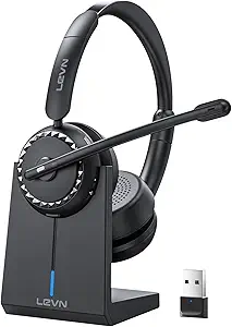 LEVN Wireless Headset, Wireless Headset with Mic for Work, AI Noise Cancelling, 65 Hrs Working Time, Bluetooth Headphones with Microphone from Computer/Call Center/Teams