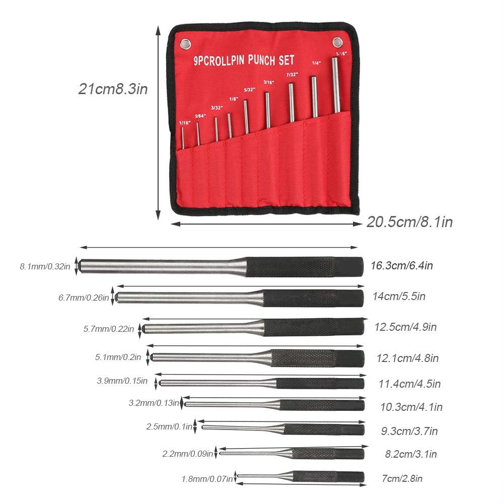 Roll Pin Punch Set 9PCS Mechanics Punch Steel Mechanics Professional Tool Kit with Comfort Grip and Storage Bag