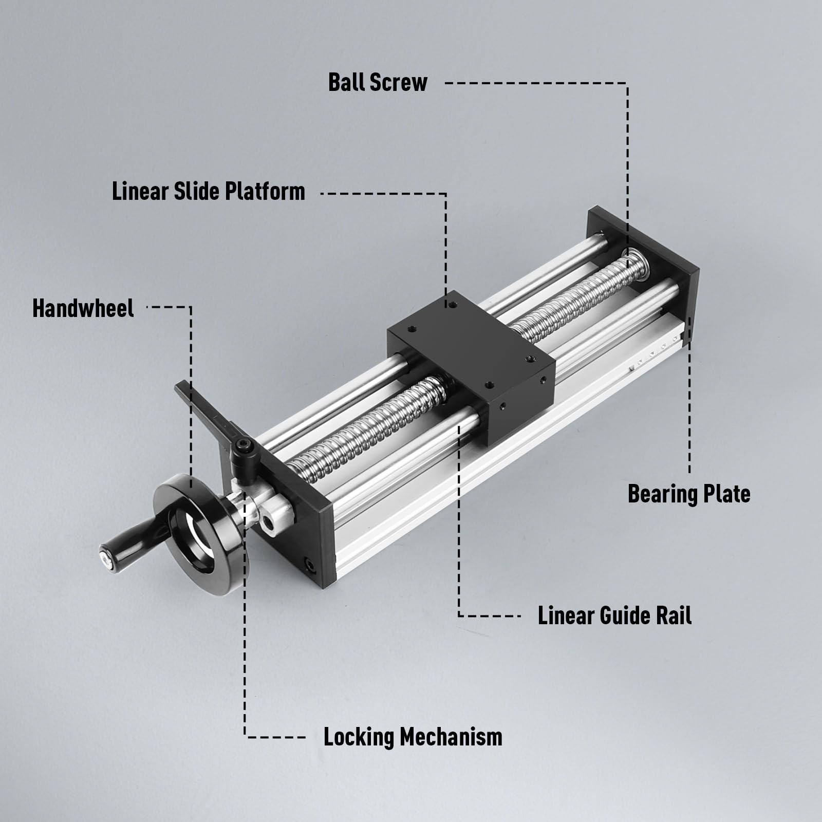 Guida Lineare con Volantino, Guidaggio Lineare Manuale con Blocco, Corsa 200 mm, Vite a Sfere ±0,05 mm, Doppia Barra di Guidaggio per CNC, Tavola Lineare X-Y-Z