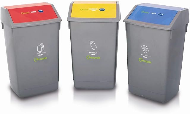 Addis Set of 3 Recycling 60 Litre Waste Utility Office Business Commercial Bins with Colour Coded Swing Lids, Grey with Red, Blue & Yellow, 3 x 60