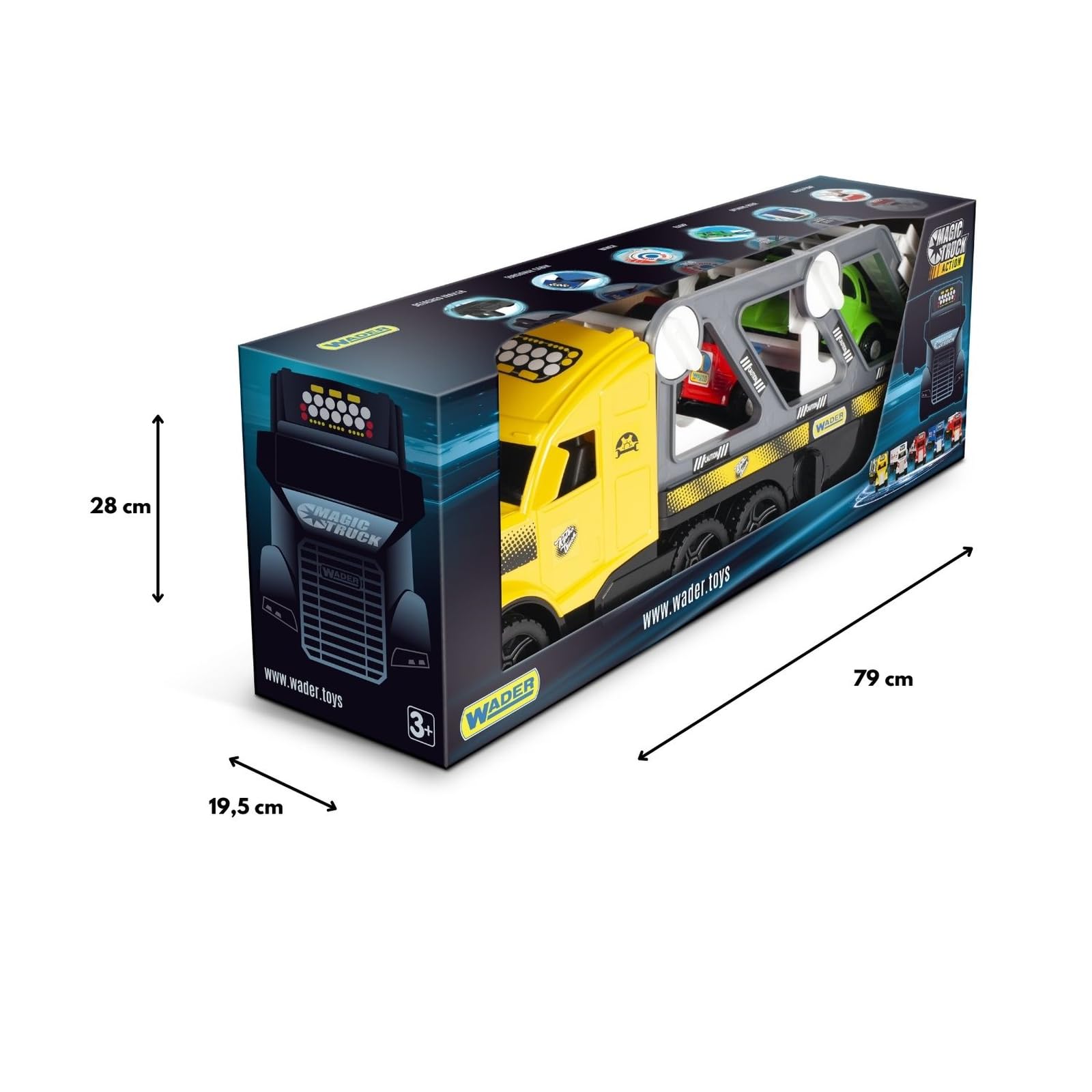 Wader 36231 - Magic Truck Autotransporter mit 2 hochwertigen Fahrzeugen und Abfahrrampen, Größe ca. 79 cm, für Kinder ab 3 Jahren, geeignet als Geschenk für kreatives Spielen