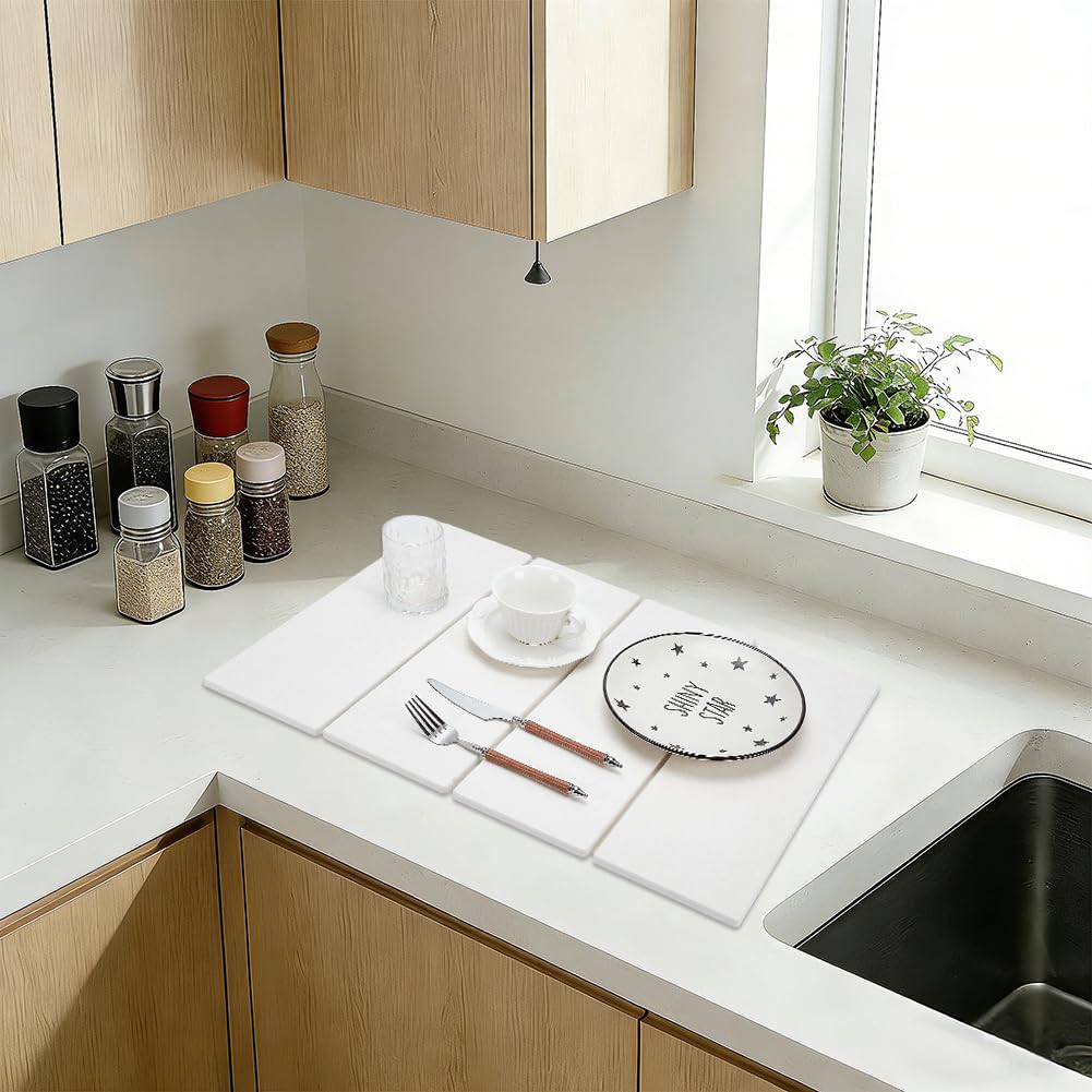 UNICRAFTALE Tapis de Séchage en Pierre pour Plan de Travail de Cuisine Blanc à Séchage Rapide Tapis de Séchage de Vaisselle Pliable 44x34.3cm Tapi en Terre de Diatomées avec Antidérapant et Papier