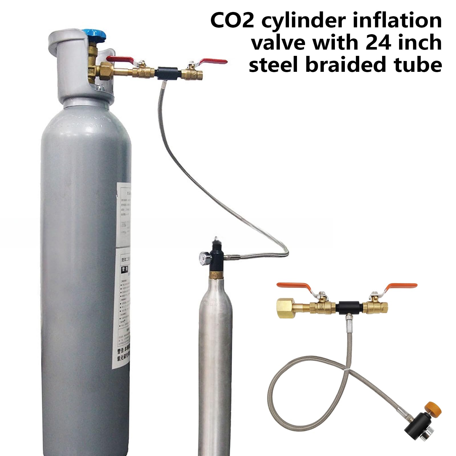 Adattatore di ricarica per bombole di CO2 con tubo intrecciato da 24 pollici e indicatori Valvole di riempimento per serbatoi di CO2 ad alta efficienza per valvole CGA320 Attrezzature per bevande per