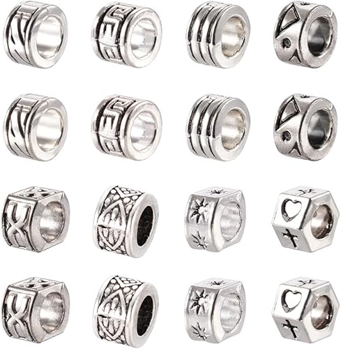 KISSITTY 80 unidades/caja de cuentas espaciadoras de agujeros grandes estilo tibetano cuentas de metal plateado antiguo cuentas sueltas 8 estilos