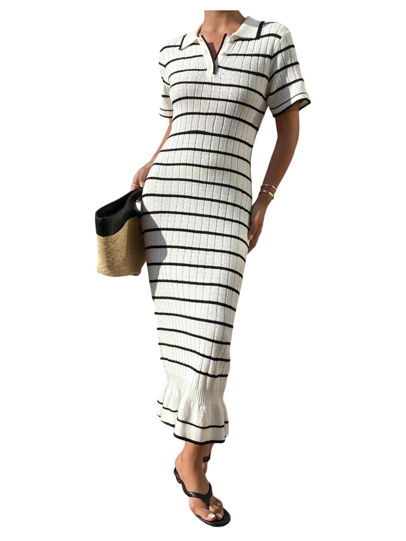 Milumia Women's Striped Ribbed Midi Dress Short Sleeve Button Collared Bodycon Sweater Dresses Short Sleeve