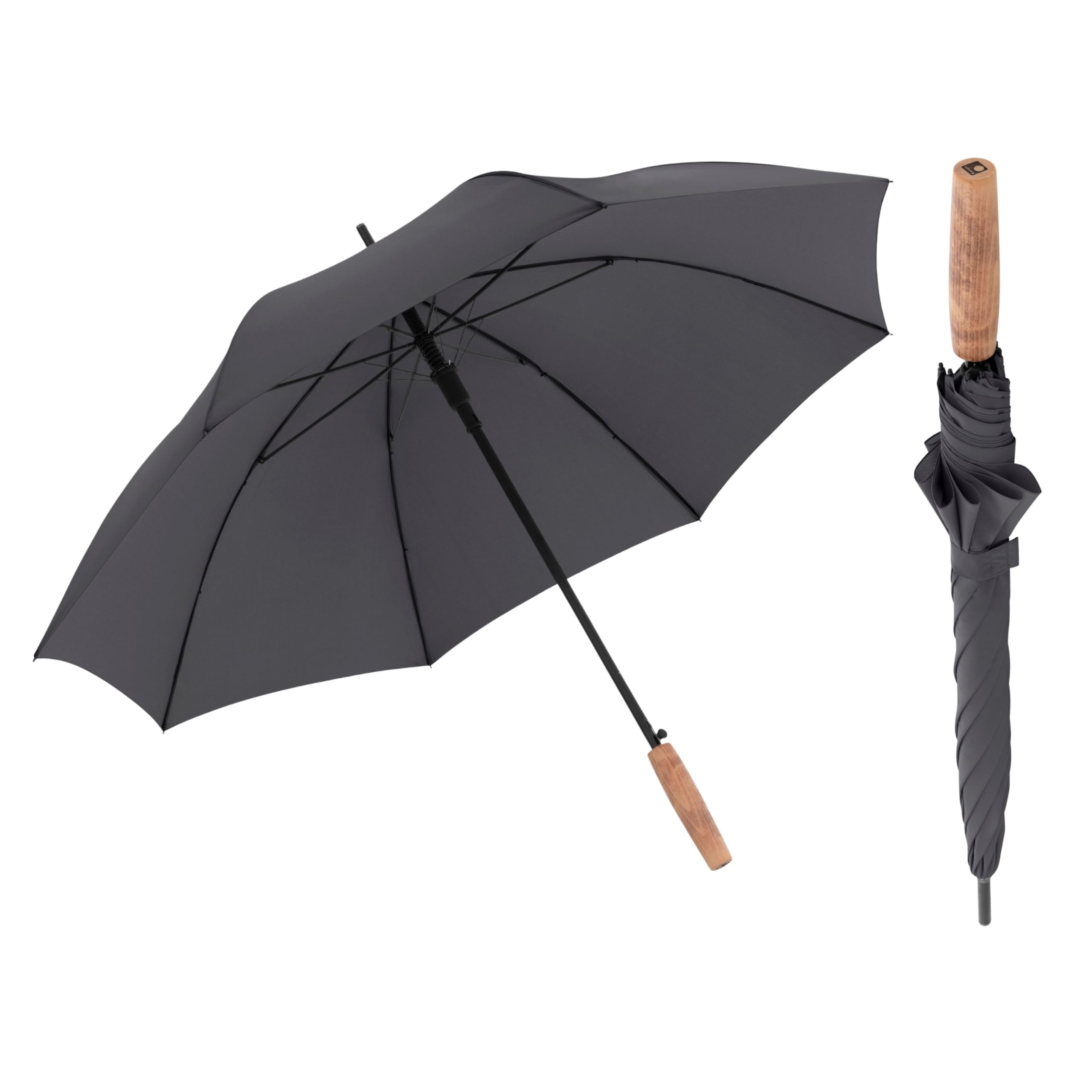 Knirps TIMBER Umbrella, Windproof Rain & Sun Protection Large Water Resistant Canopy Golf Umbrellas, Classic Stick Aluminum Frame with Beech Wood Handle, Durable Outdoor Wet Weather Gear, Dark Grey