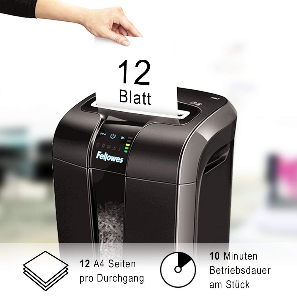 Fellowes 12 Blatt Aktenvernichter, Partikelschnitt (P4) Papierschredder für Büro, Powershred 73Ci, Schredder mit 100% staufrei Technologie, Safesense, Energiesparsystem, 23L Papierkorb, CD Schredder