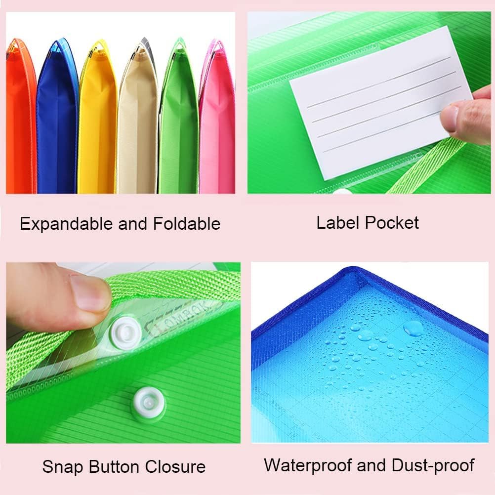 Plastic File Folder, 10 Pcs Large-Capacity Poly Envelope Expanding Wallet Document Folder Letter Size A4 Accordion File Pouch with Label Pocket, Snap Button for School Home Work Office Organization