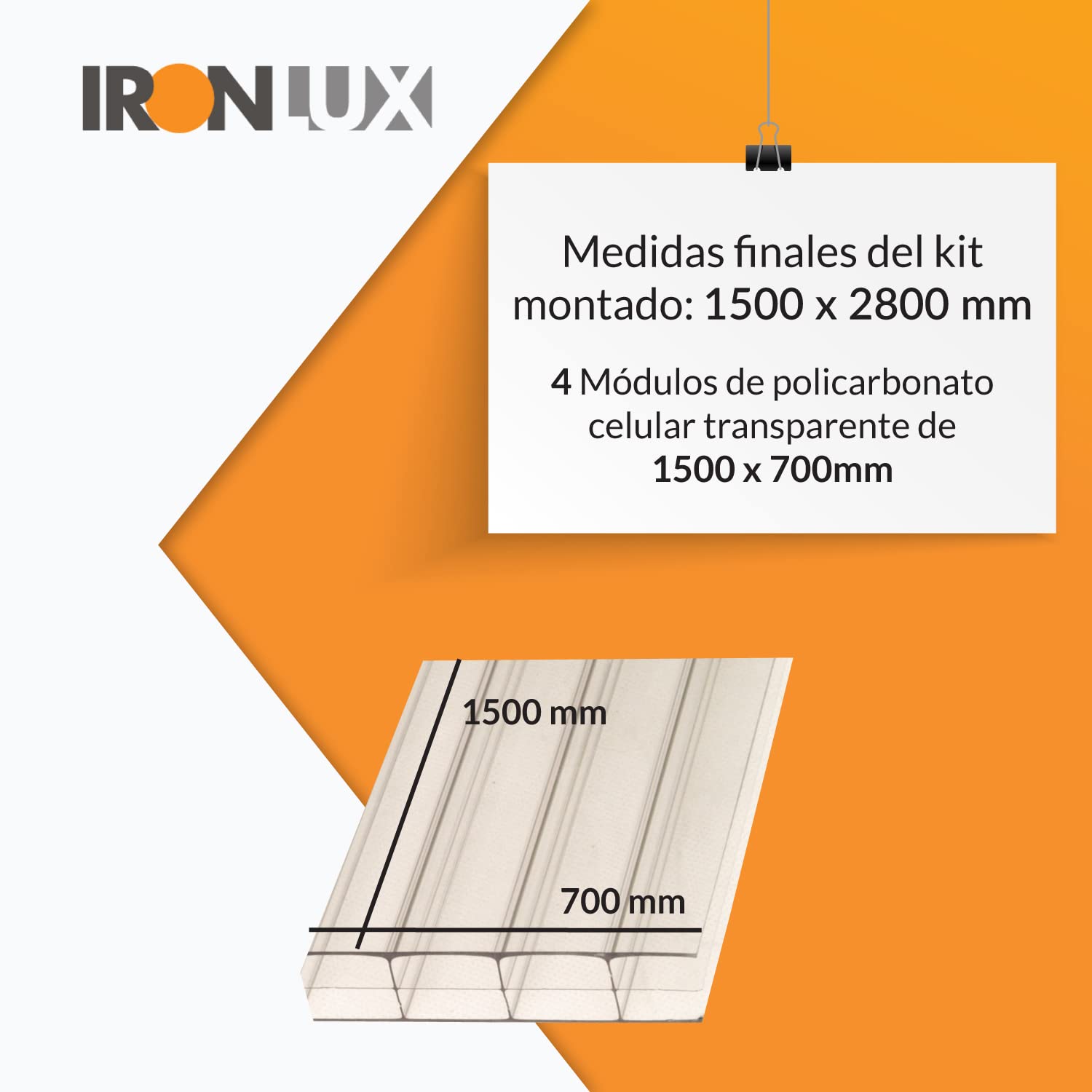 Kit Placas de policarbonato Compacto transparente 16mm - Medida final 1500x2100mm - Incluye accesorios de instalación