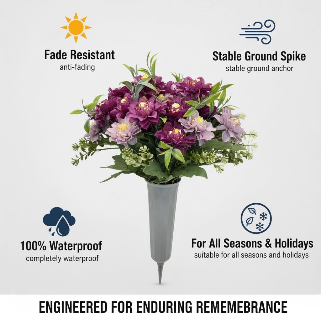 Cemetery Flowers for Grave,2 Pcs Peony Realistic Artificial Flowers For Outdoors,Memorial Flowers for Gravesite,Cemetery Decorations Spring Outdoor Gravesite Flowers with Vase(Purple&Pink, 2 Bouquets)