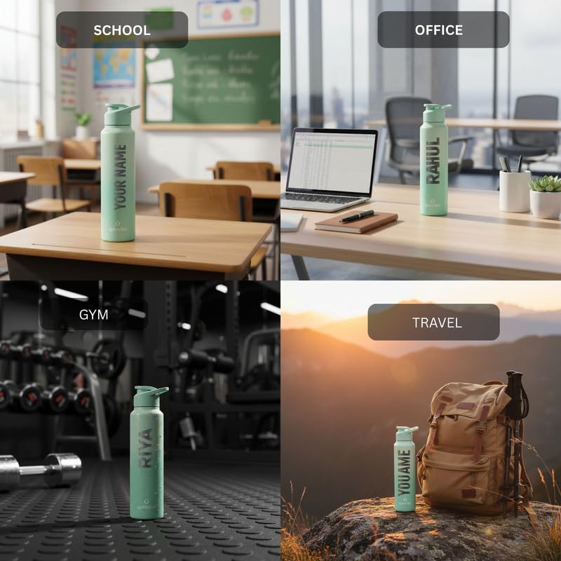 Image of Speedex Engraved Name Stainless Steel Sipper Water Bottle 1 Ltr - Customised Personalised Bottle for Kids & Adults, School, Gym, Sports, Dual Green, Set of 1