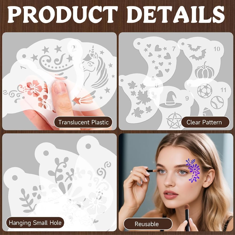 Bicemend 56 Face Paint Stencils Reusable, Halloween Makeup Template Kit