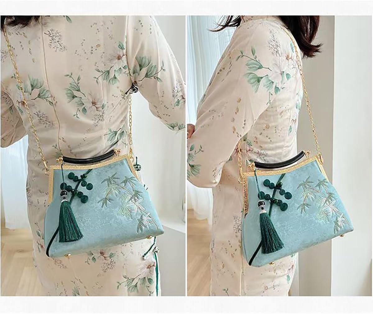 Women's Chinese cheongsam printed handbag, embroidered chain retro diagonal cross bag, dinner and wedding gifts