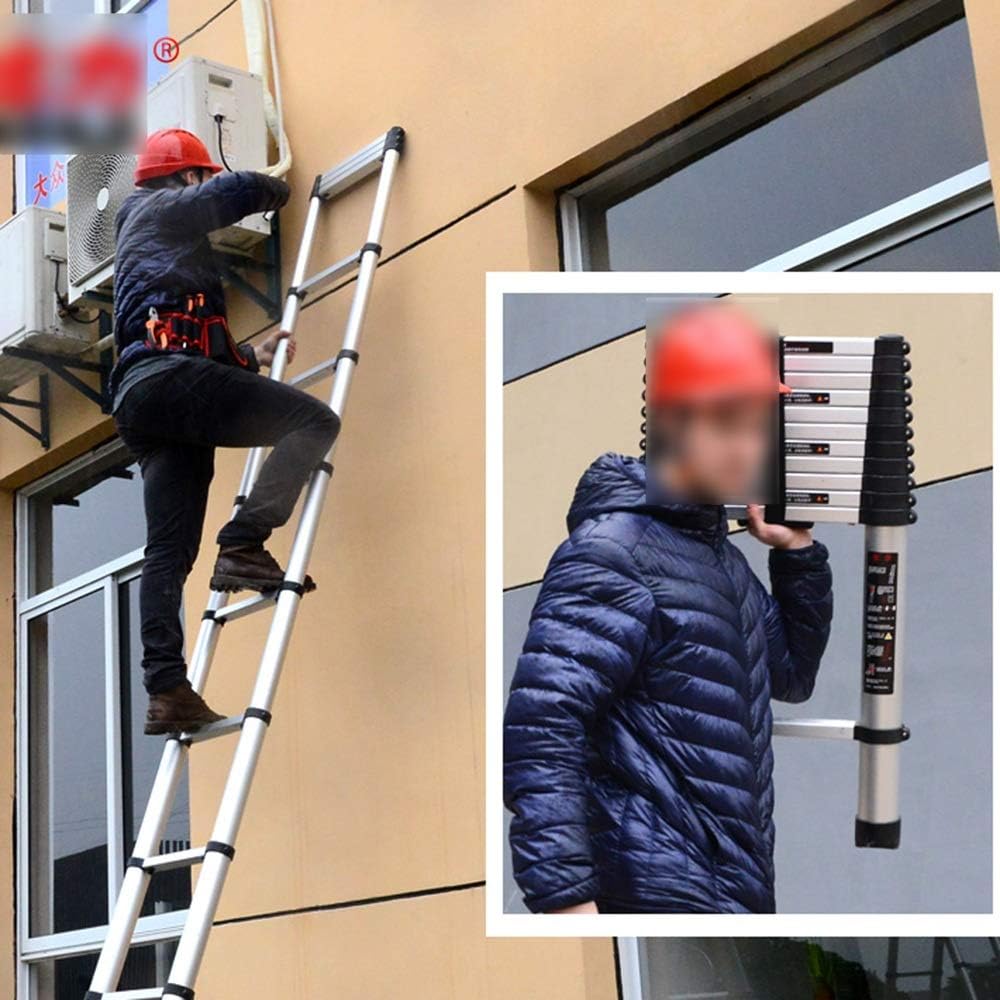 Extension Ladder Straight Ladder, Household Ladder Thicken Aluminum Alloy 1-Button Multi-Function Folding Ladder Indoor Lift Escalator Engineering Staircase (Size : 1 Key Contraction+Hook 2m