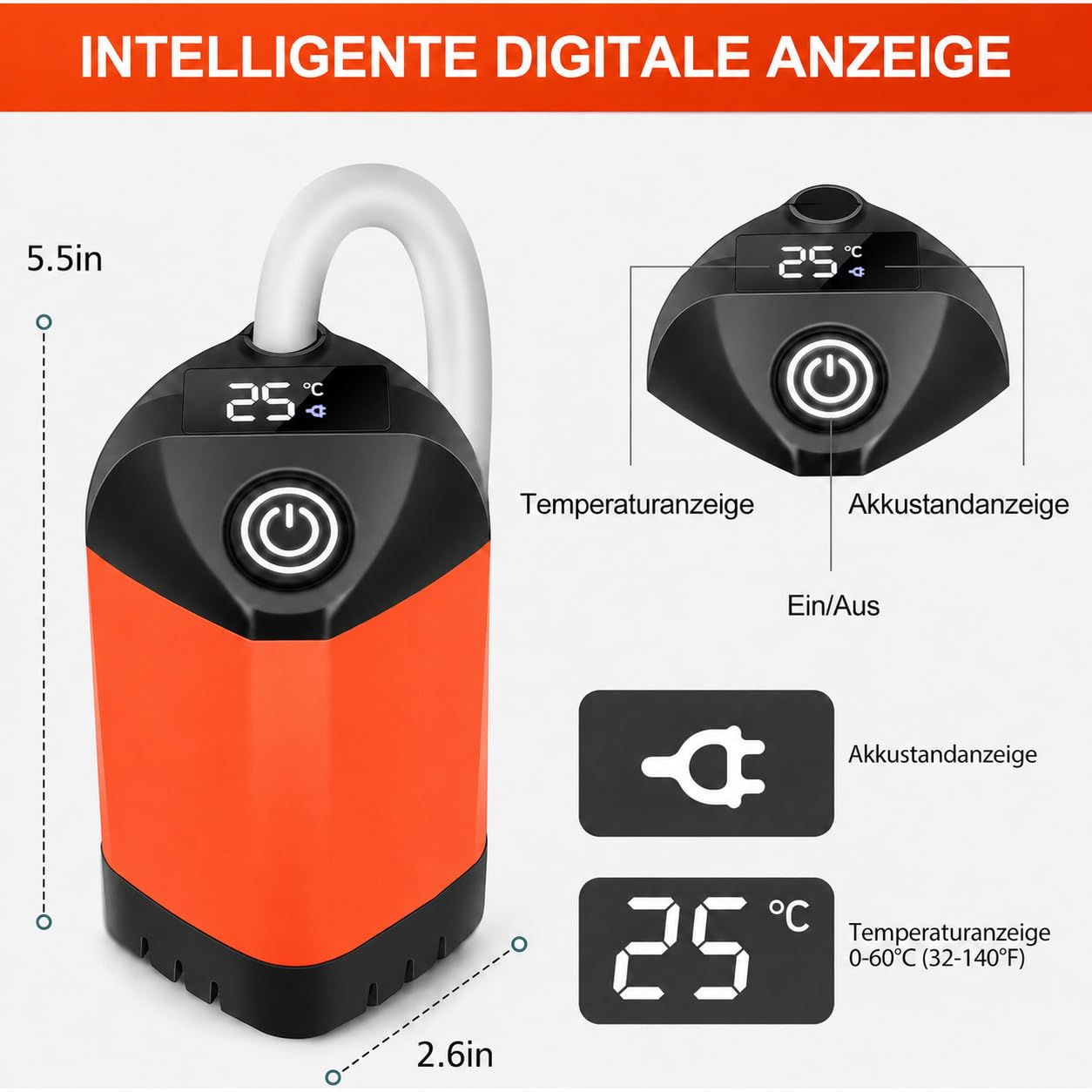 B013 Douche de camping portable avec batterie 7800 mAh, USB-C, pommeau de douche à 3 niveaux et pompe silencieuse – Étanche avec affichage de la température LED pour Vanlife, voyage en plein air
