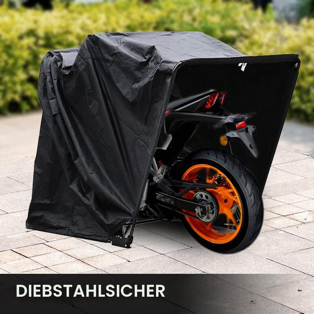 Schwarz Motorrad Abdeckplane, 270 * 105 * 155cm Garage 600D Oxford-Gewebe UV-geschützt und Wasserdicht Schutzplane Faltzelt Faltgarage für Outdoor Quad, Roller und Motorrad
